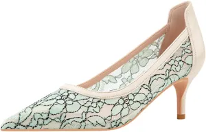 bbruriy Womens Lace Mesh Low Kitten Heel Pumps Classic Fashion Dress Pumps Slip on Elegant Heeled Shoes for Casual Comfort Office Work