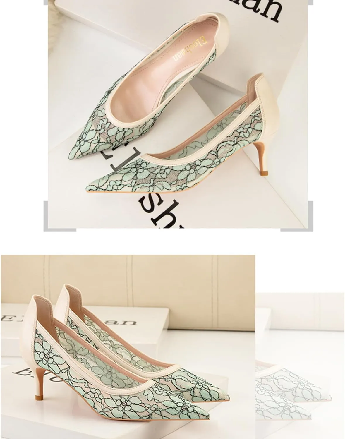bbruriy Womens Lace Mesh Low Kitten Heel Pumps Classic Fashion Dress Pumps Slip on Elegant Heeled Shoes for Casual Comfort Office Work