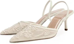 Beauty Cry Womens Slingback Heels Pointed Closed Toe Embroidered Pearl Mesh Stiletto Slip On Wedding Dress Pumps