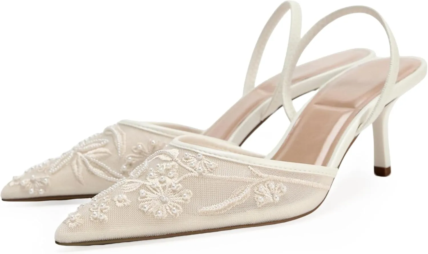 Beauty Cry Womens Slingback Heels Pointed Closed Toe Embroidered Pearl Mesh Stiletto Slip On Wedding Dress Pumps