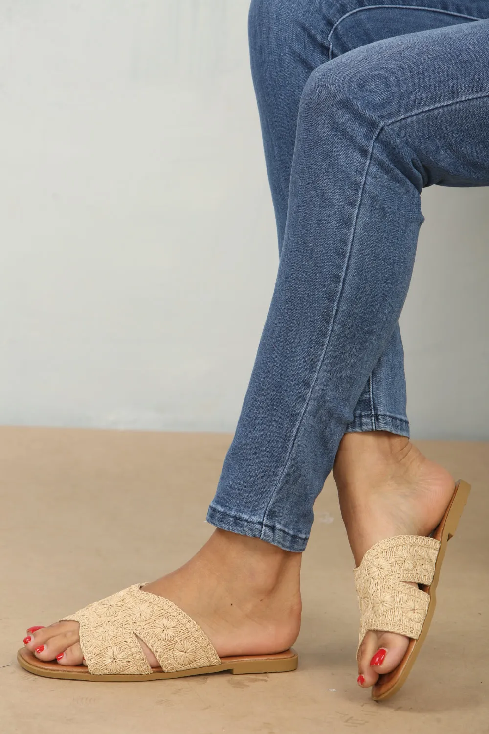 Beige Raffia Flat Sandals