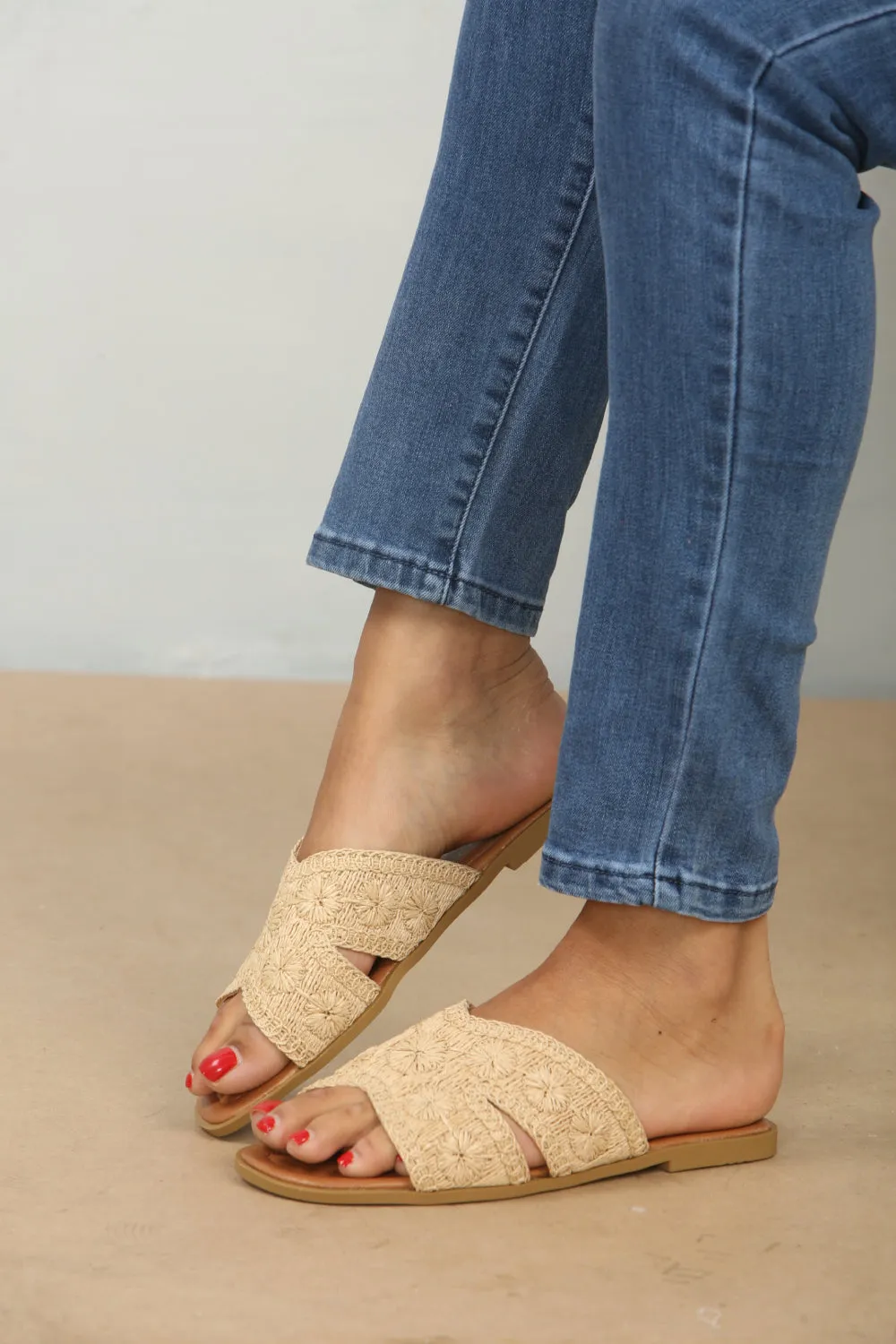 Beige Raffia Flat Sandals
