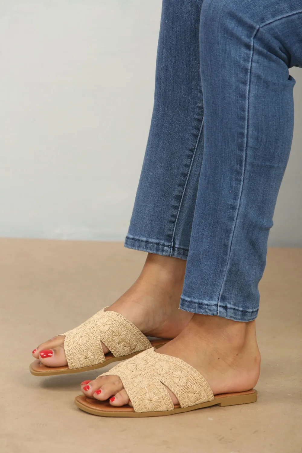 Beige Raffia Flat Sandals