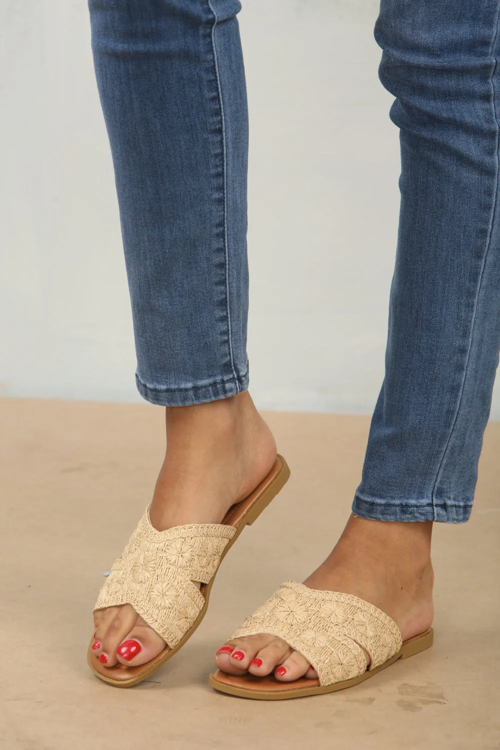Beige Raffia Flat Sandals