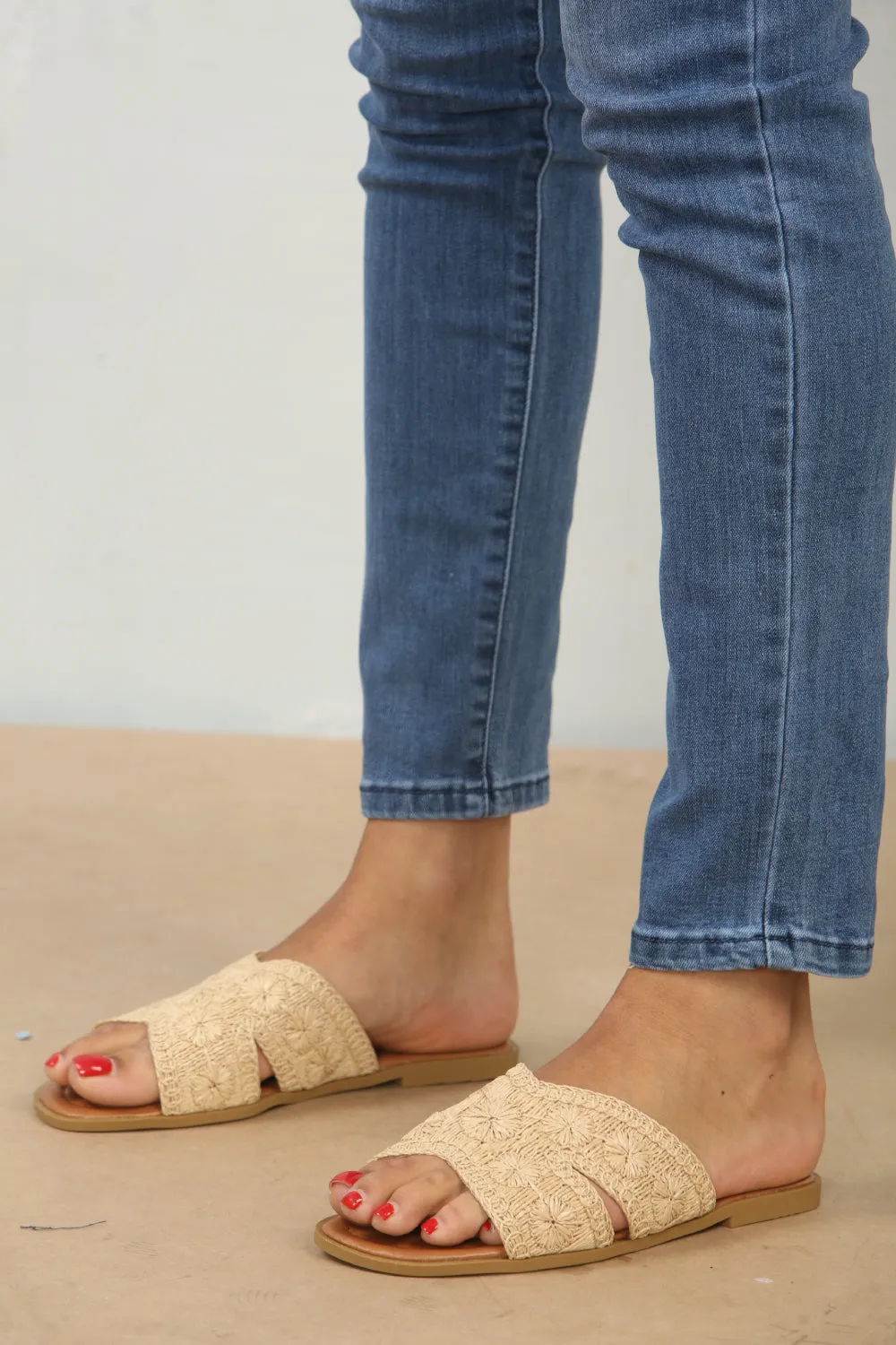 Beige Raffia Flat Sandals