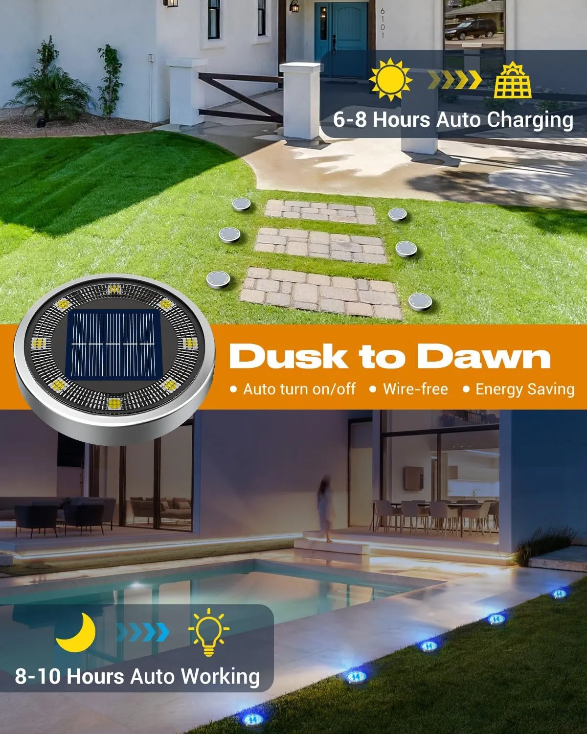 btfarm 16 Pack Solar Ground Lights Outdoor, 8 LED Solar Disc Lights IP65 Waterproof Flat Solar Lights, Pathway Lights Solar Powered for Garden Lawn Patio Yard Path Landscape, Blue