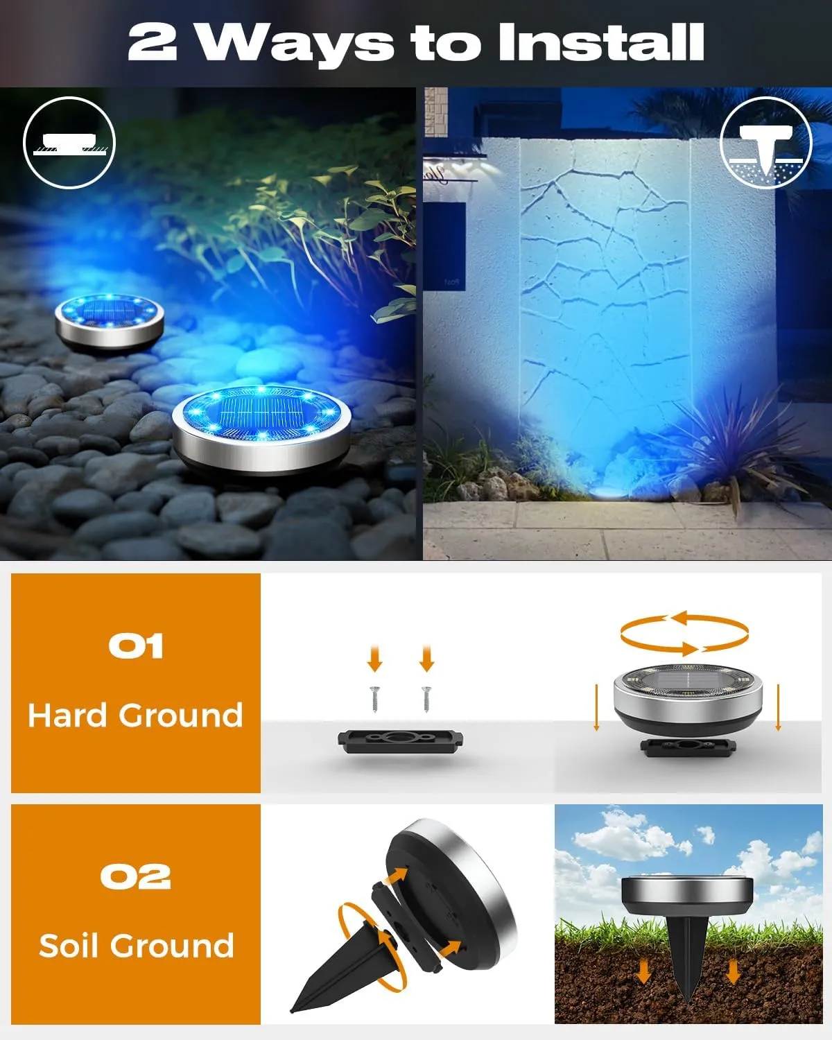 btfarm 16 Pack Solar Ground Lights Outdoor, 8 LED Solar Disc Lights IP65 Waterproof Flat Solar Lights, Pathway Lights Solar Powered for Garden Lawn Patio Yard Path Landscape, Blue