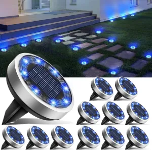 btfarm 16 Pack Solar Ground Lights Outdoor, 8 LED Solar Disc Lights IP65 Waterproof Flat Solar Lights, Pathway Lights Solar Powered for Garden Lawn Patio Yard Path Landscape, Blue