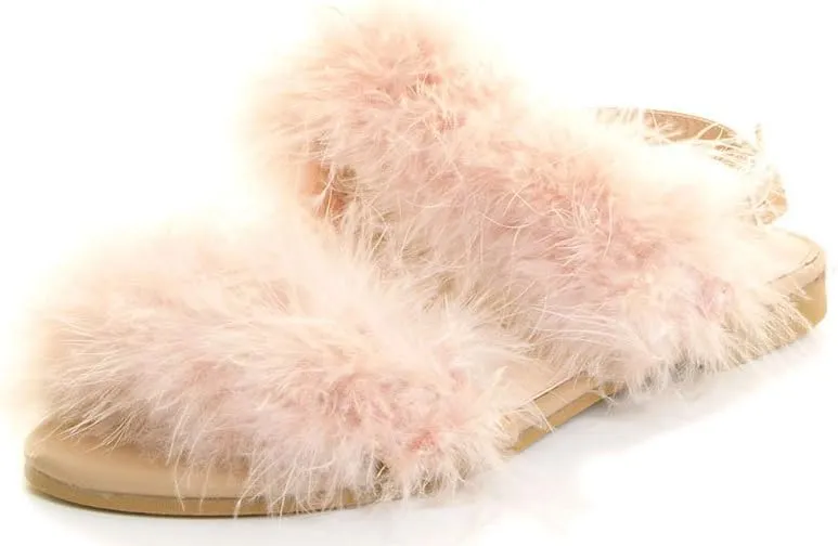 Cape Robbin Open Toe Fur Feather Fluffy Slingback Gladiator Flat Sandals