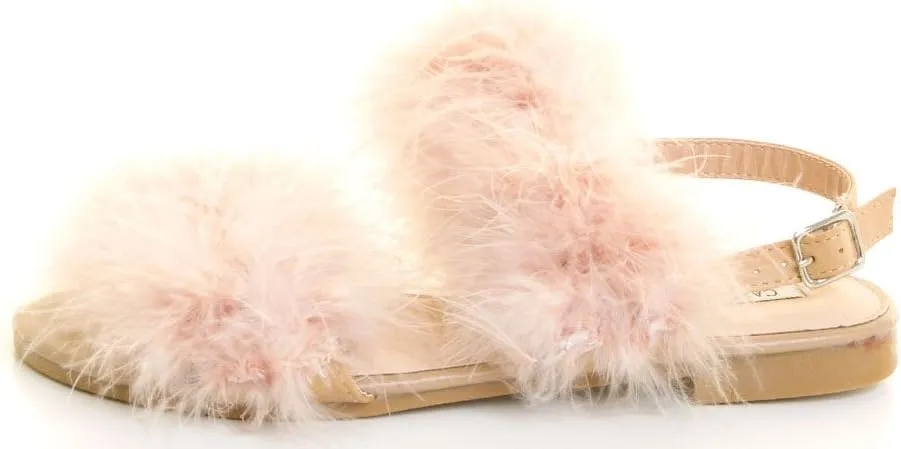 Cape Robbin Open Toe Fur Feather Fluffy Slingback Gladiator Flat Sandals