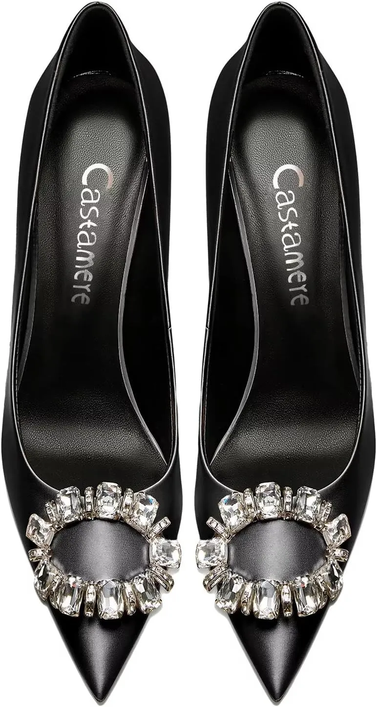 Castamere Women Stiletto High Heel Slip-on Pointed Toe Pumps Diamond Crystal Satin Wedding Prom 3.3 Inches Heels B1