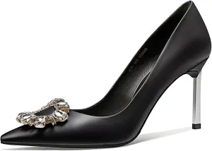 Castamere Women Stiletto High Heel Slip-on Pointed Toe Pumps Diamond Crystal Satin Wedding Prom 3.3 Inches Heels B1