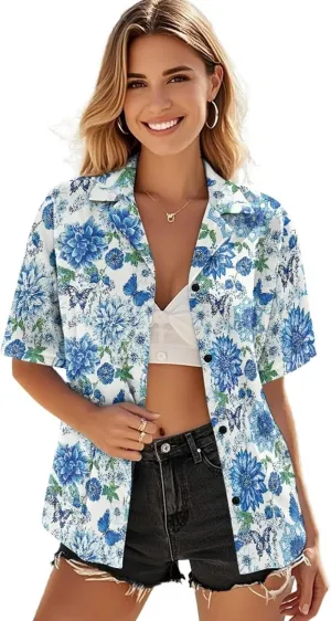 Casual Button Down Short Sleeve for Women V-Neck Shirt Oversize Blouse Travel Crop Tops for Beach Size S-2XL