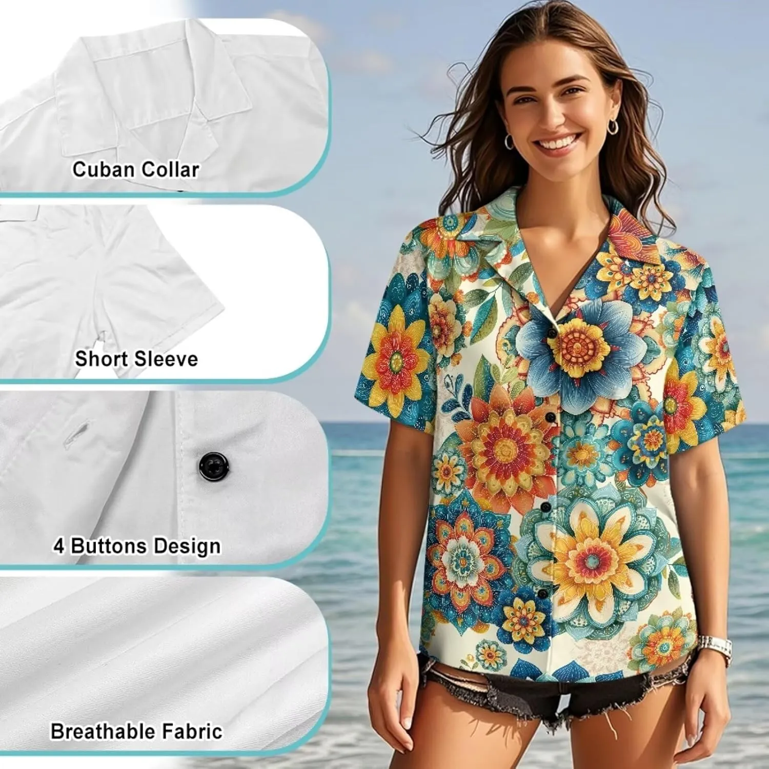 Casual Button Down Short Sleeve for Women V-Neck Shirt Oversize Blouse Travel Crop Tops for Beach Size S-2XL