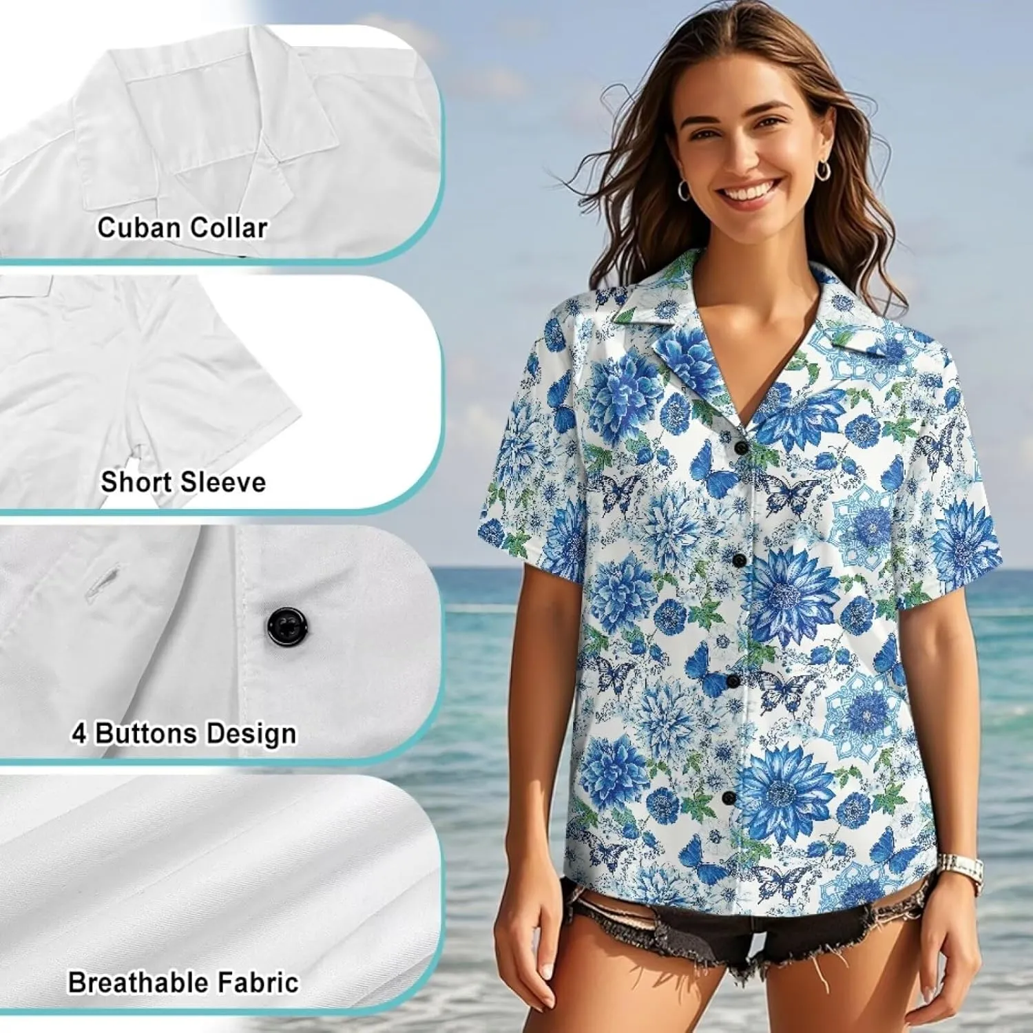 Casual Button Down Short Sleeve for Women V-Neck Shirt Oversize Blouse Travel Crop Tops for Beach Size S-2XL