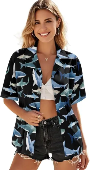 Casual Button Down Short Sleeve for Women V-Neck Shirt Oversize Blouse Travel Crop Tops for Beach Size S-2XL