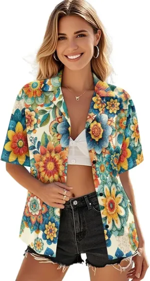 Casual Button Down Short Sleeve for Women V-Neck Shirt Oversize Blouse Travel Crop Tops for Beach Size S-2XL