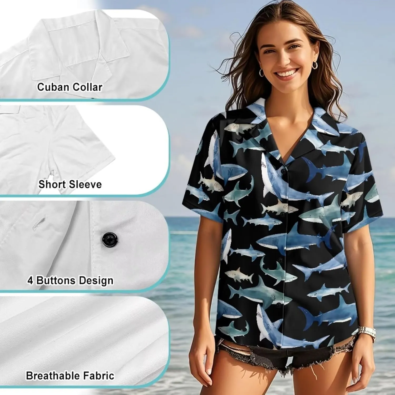 Casual Button Down Short Sleeve for Women V-Neck Shirt Oversize Blouse Travel Crop Tops for Beach Size S-2XL