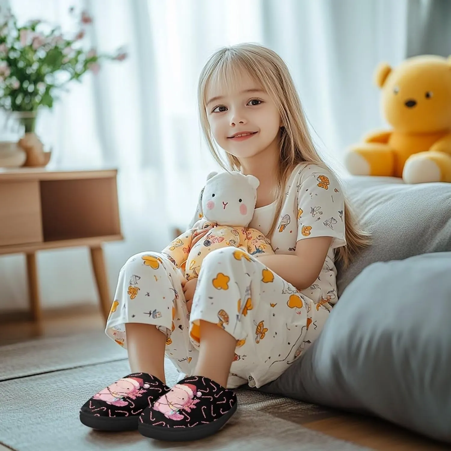 Christmas Kids Fuzzy Warm House Slippers for Girls Non Slip Rubber Sole Home Slippers for Toddlers Size 9-15