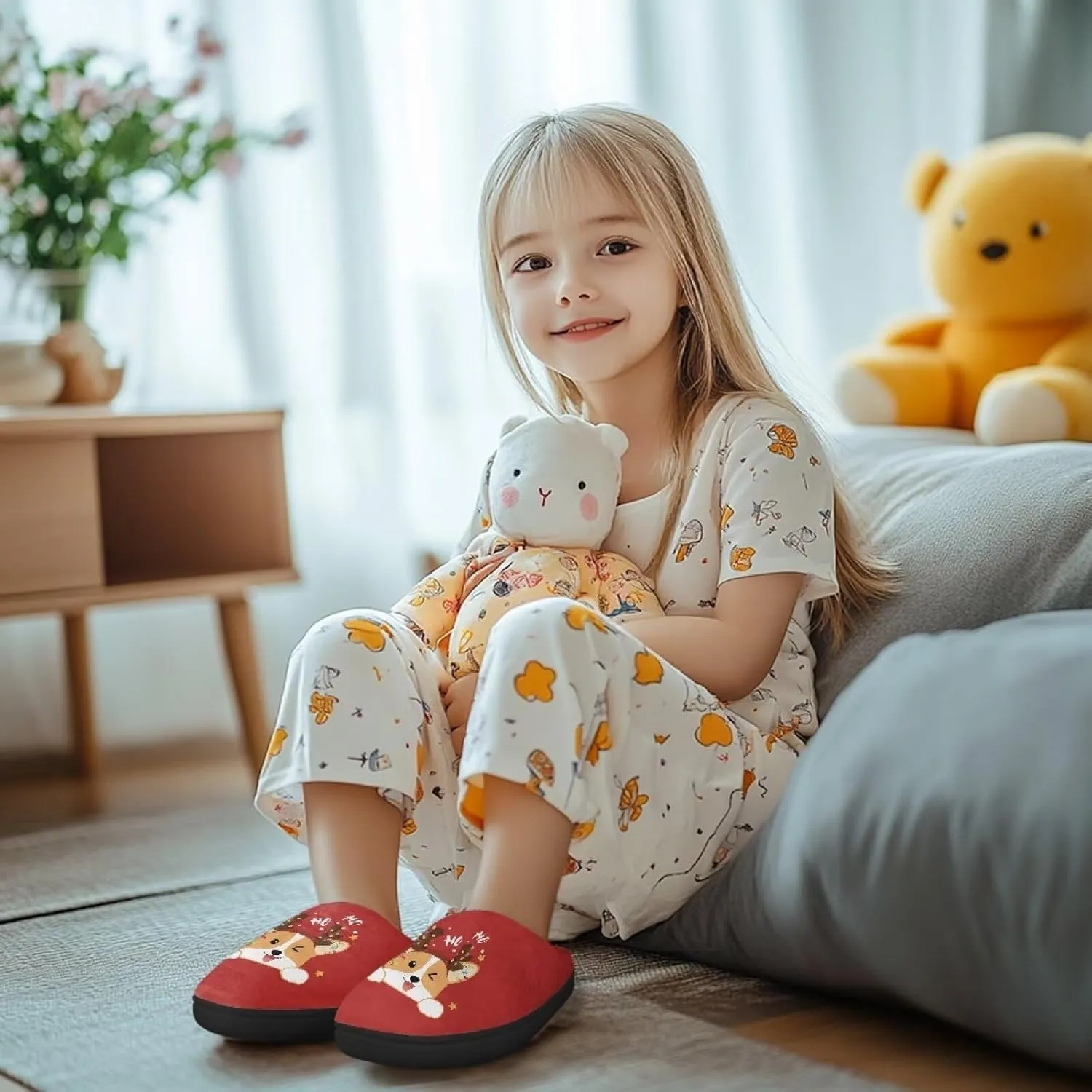 Christmas Kids Fuzzy Warm House Slippers for Girls Non Slip Rubber Sole Home Slippers for Toddlers Size 9-15
