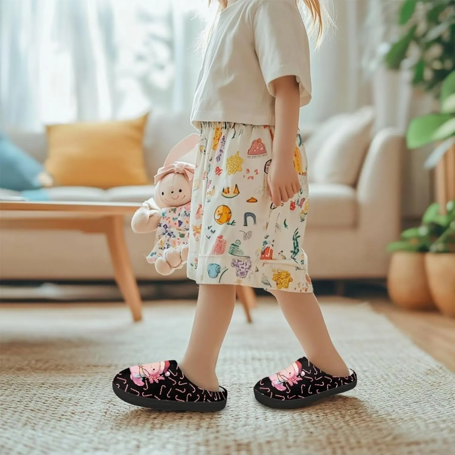 Christmas Kids Fuzzy Warm House Slippers for Girls Non Slip Rubber Sole Home Slippers for Toddlers Size 9-15