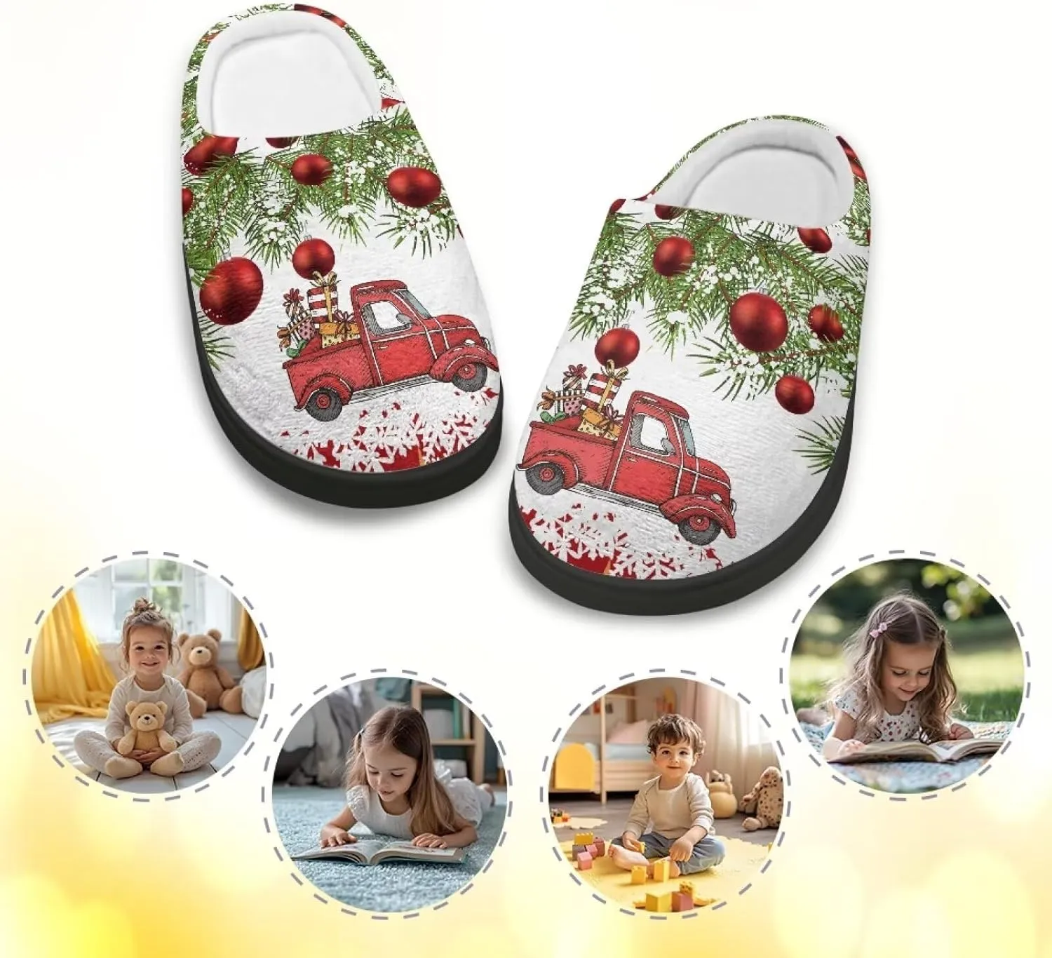 Christmas Slippers for Family TPR Sole Men Women Indoor/Outdoor Slippers Fuzzy Slip On House Shoes with Rubber