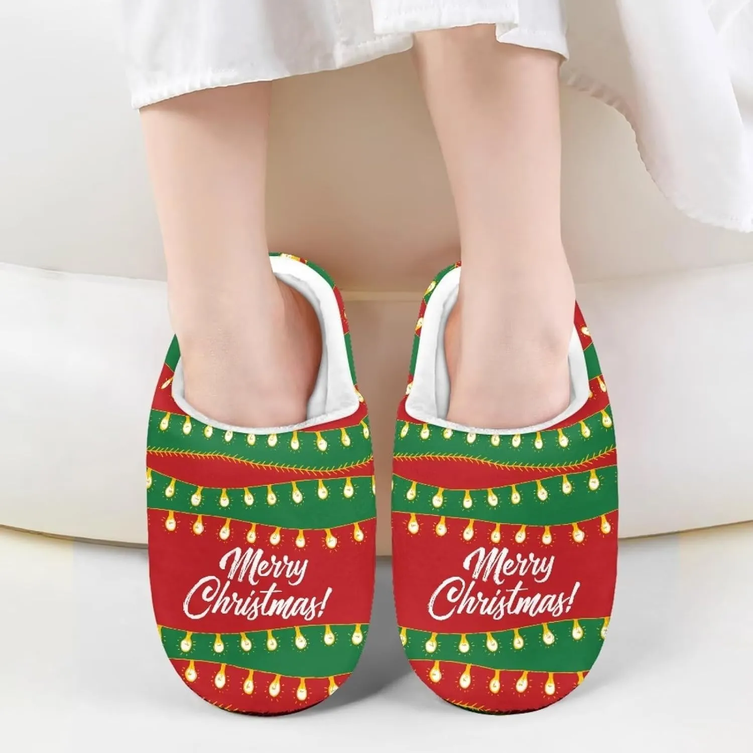 Christmas Slippers for Family TPR Sole Men Women Indoor/Outdoor Slippers Fuzzy Slip On House Shoes with Rubber