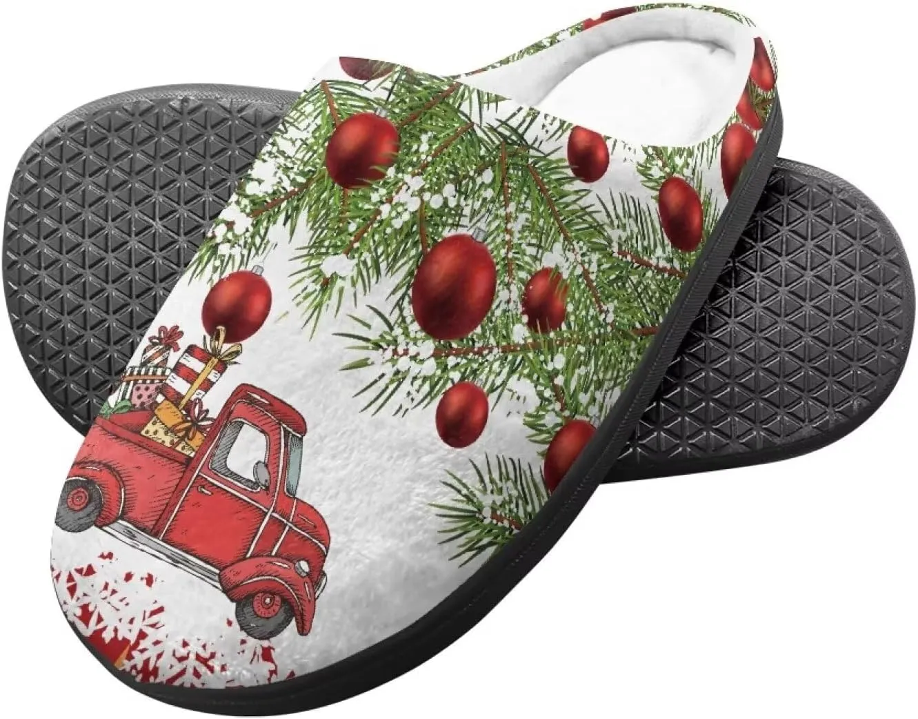 Christmas Slippers for Family TPR Sole Men Women Indoor/Outdoor Slippers Fuzzy Slip On House Shoes with Rubber