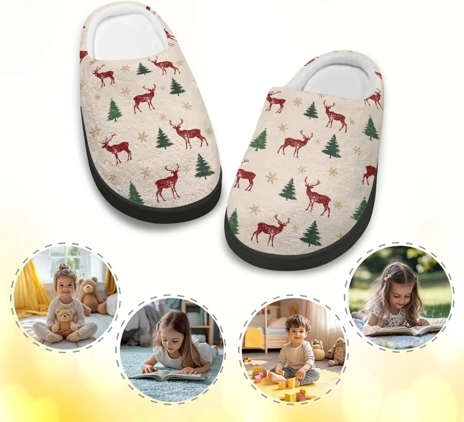Christmas Slippers for Family TPR Sole Men Women Indoor/Outdoor Slippers Fuzzy Slip On House Shoes with Rubber