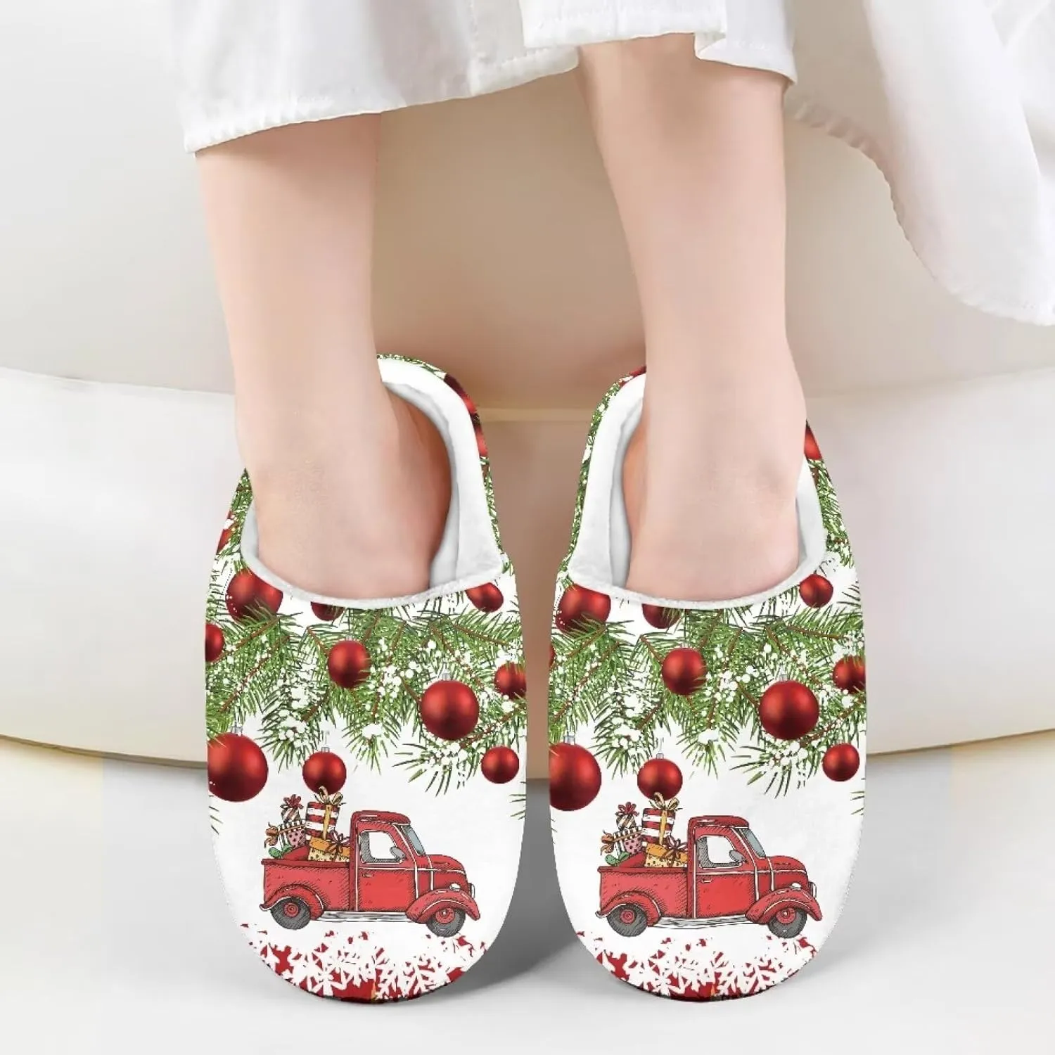 Christmas Slippers for Family TPR Sole Men Women Indoor/Outdoor Slippers Fuzzy Slip On House Shoes with Rubber