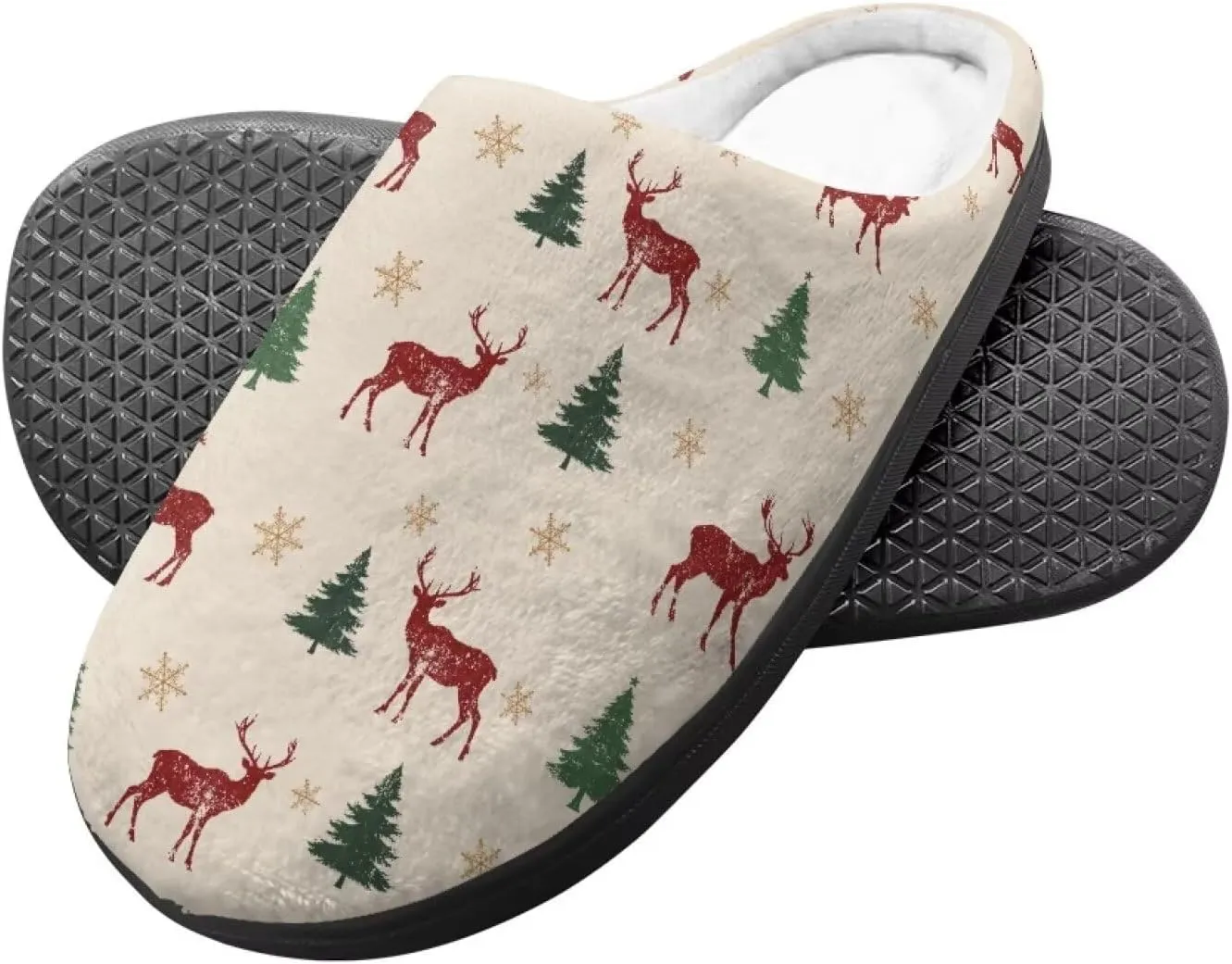 Christmas Slippers for Family TPR Sole Men Women Indoor/Outdoor Slippers Fuzzy Slip On House Shoes with Rubber