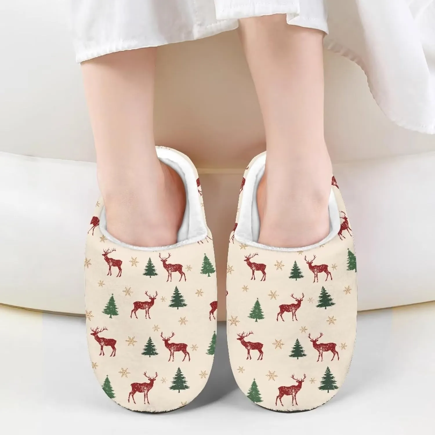 Christmas Slippers for Family TPR Sole Men Women Indoor/Outdoor Slippers Fuzzy Slip On House Shoes with Rubber