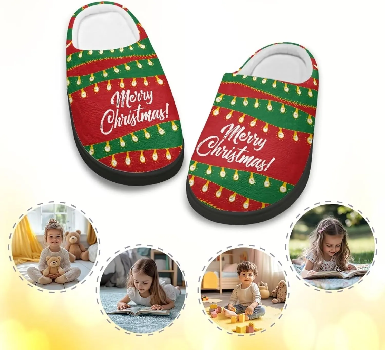 Christmas Slippers for Family TPR Sole Men Women Indoor/Outdoor Slippers Fuzzy Slip On House Shoes with Rubber