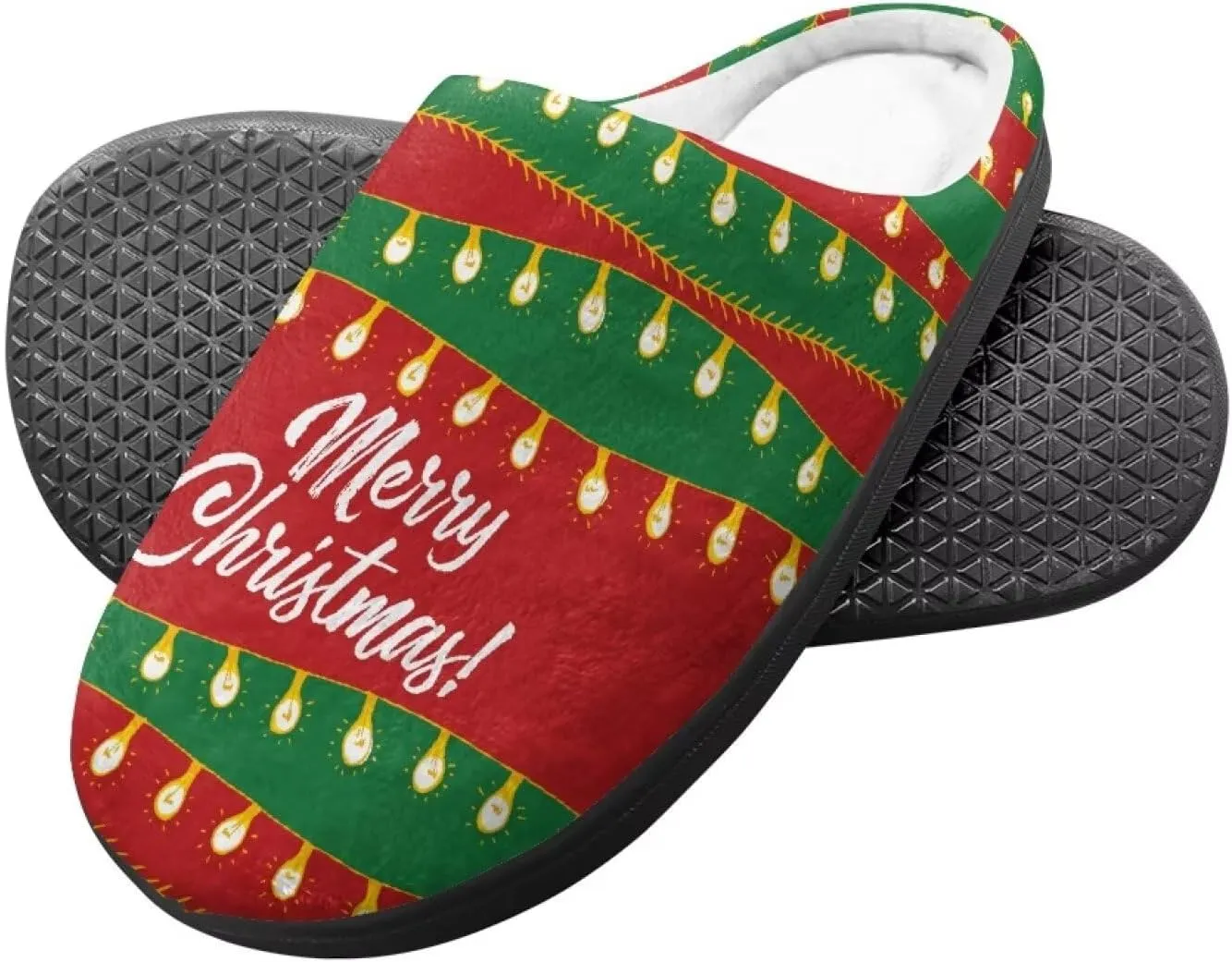 Christmas Slippers for Family TPR Sole Men Women Indoor/Outdoor Slippers Fuzzy Slip On House Shoes with Rubber