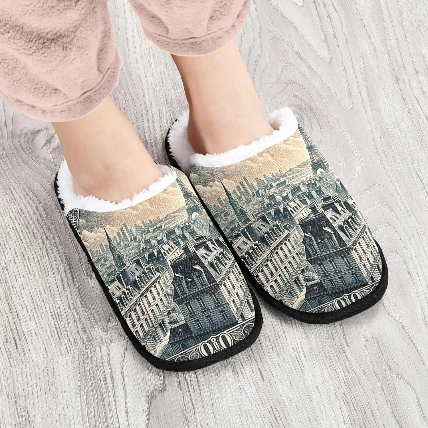 City at Dusk Mens Slip on Slippers, Home Slippers Portable Hospital Slippers with Storage Bag