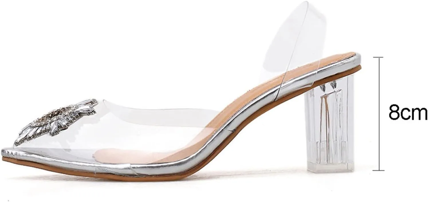 Clear Heels Chunky Pumps Sling Back Crystal Ladies Summer Slip On Silver Bridesmaid Shoes