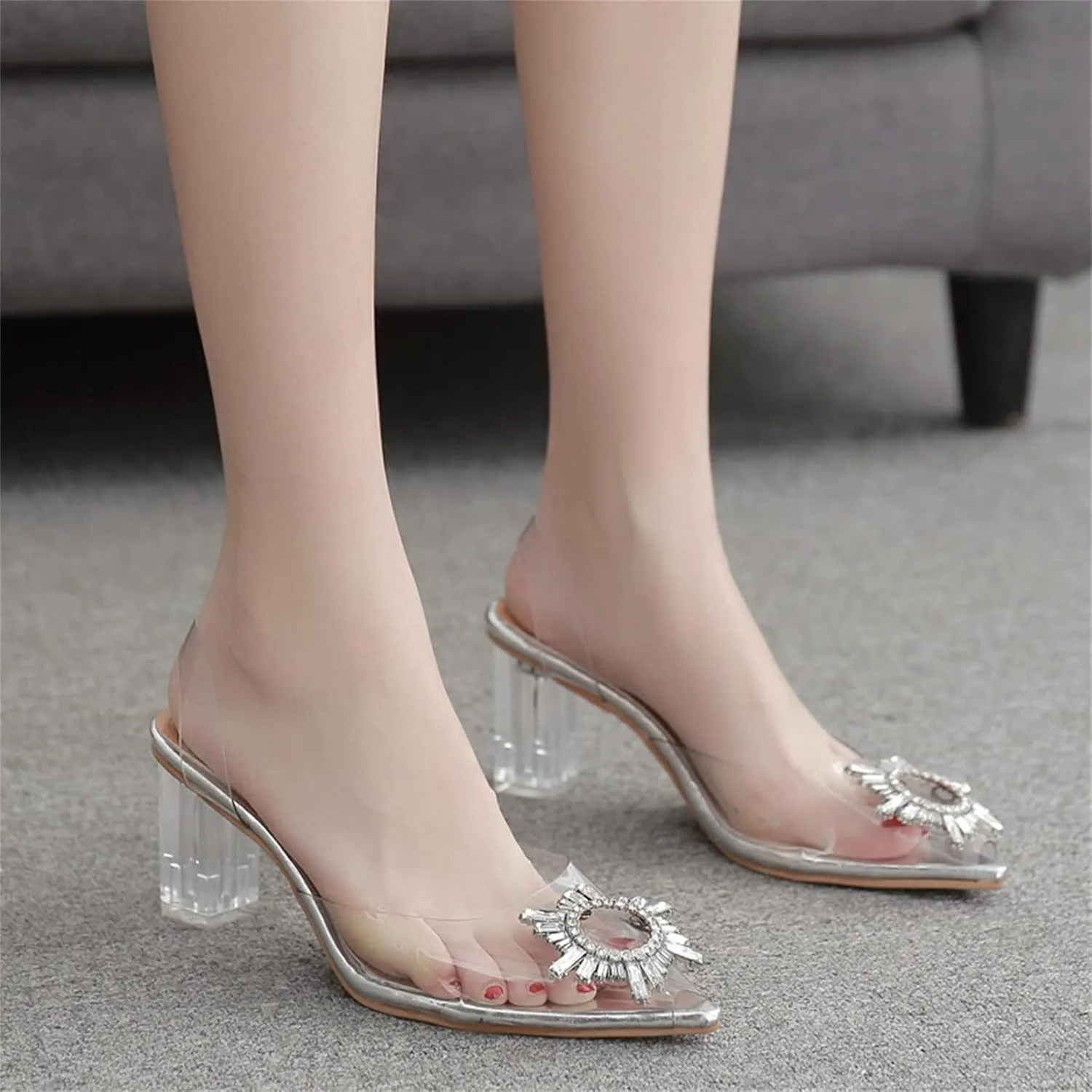 Clear Heels Chunky Pumps Sling Back Crystal Ladies Summer Slip On Silver Bridesmaid Shoes
