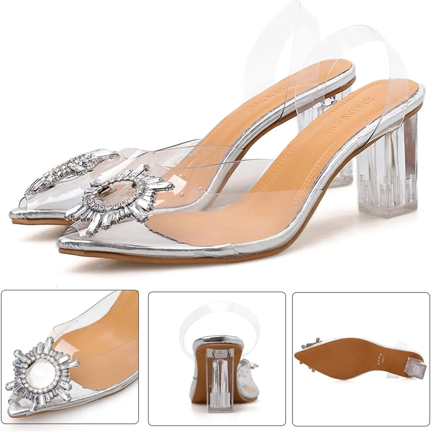 Clear Heels Chunky Pumps Sling Back Crystal Ladies Summer Slip On Silver Bridesmaid Shoes