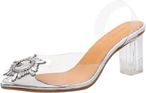 Clear Heels Chunky Pumps Sling Back Crystal Ladies Summer Slip On Silver Bridesmaid Shoes