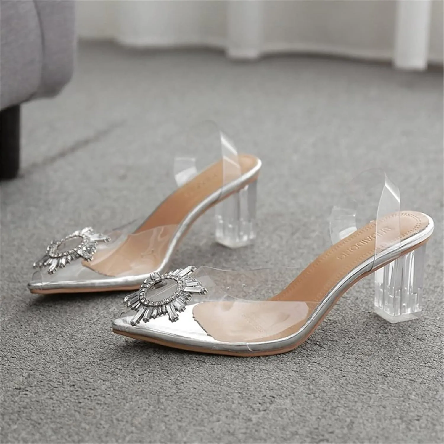 Clear Heels Chunky Pumps Sling Back Crystal Ladies Summer Slip On Silver Bridesmaid Shoes