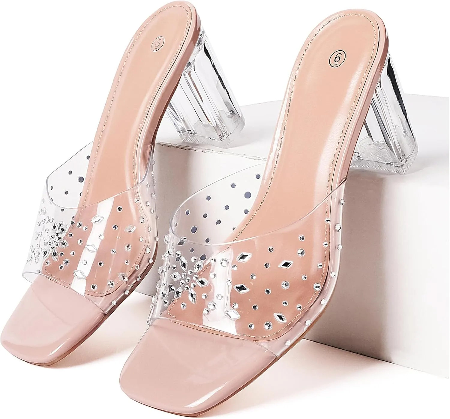 Clear Heels for Women Transparent Rhinestone Strap Block Chunky Square Heel Sandals Open Toe Slip On Sandals