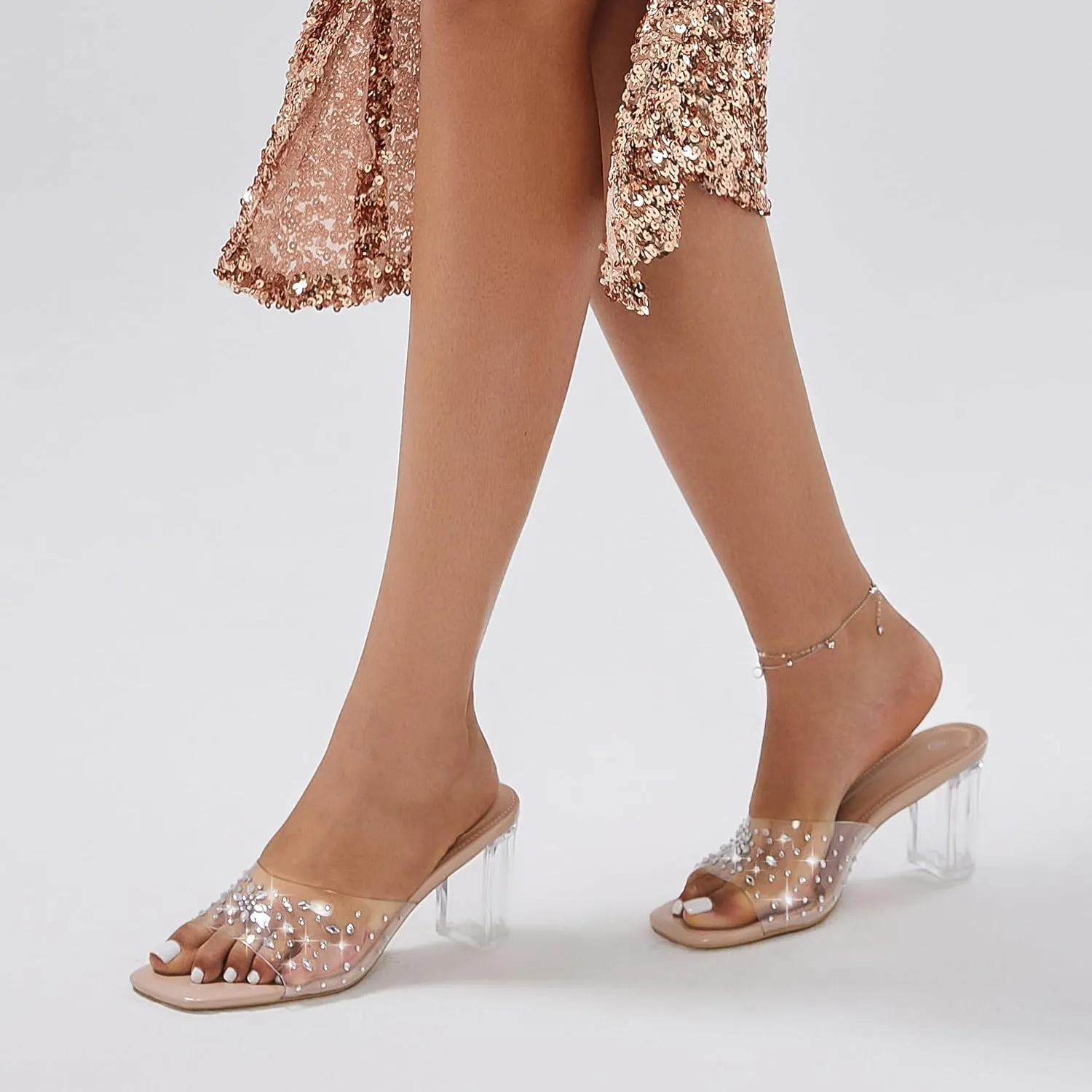 Clear Heels for Women Transparent Rhinestone Strap Block Chunky Square Heel Sandals Open Toe Slip On Sandals