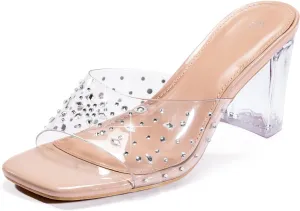 Clear Heels for Women Transparent Rhinestone Strap Block Chunky Square Heel Sandals Open Toe Slip On Sandals