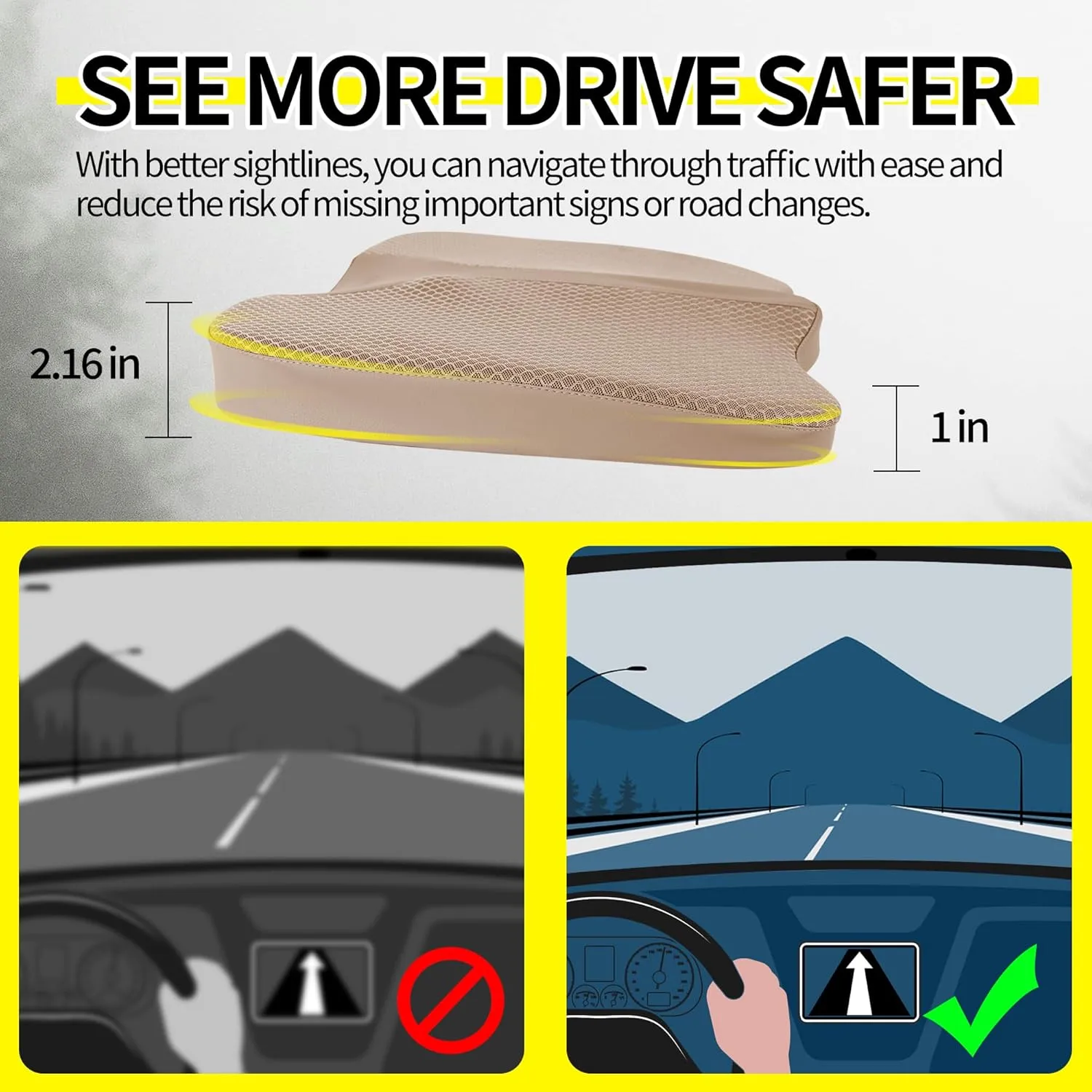 Comfort Memory Foam Seat Cushion for Car Seat Driver, Tailbone (Coccyx) Pain Relief Pad for Driving, Office Chair (Beige)