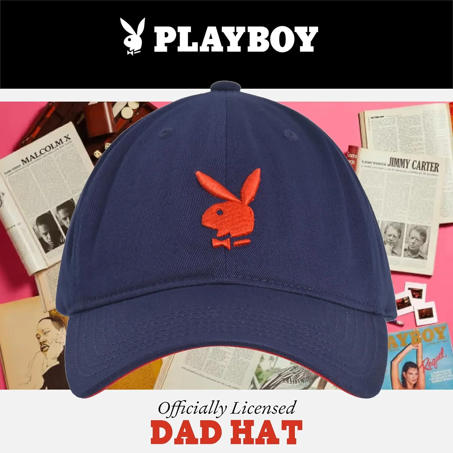 Concept One Playboy Dad Hat, Cotton Twill Adjustable Baseball Cap with Curved Brim