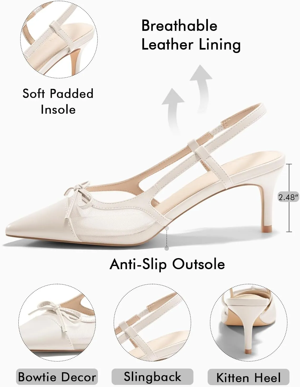 Coutgo Womens Kitten Heels Slingback Mesh Pumps Bow Tie Closed Pointed Toe Two Tone Slip on Work Dress Shoes