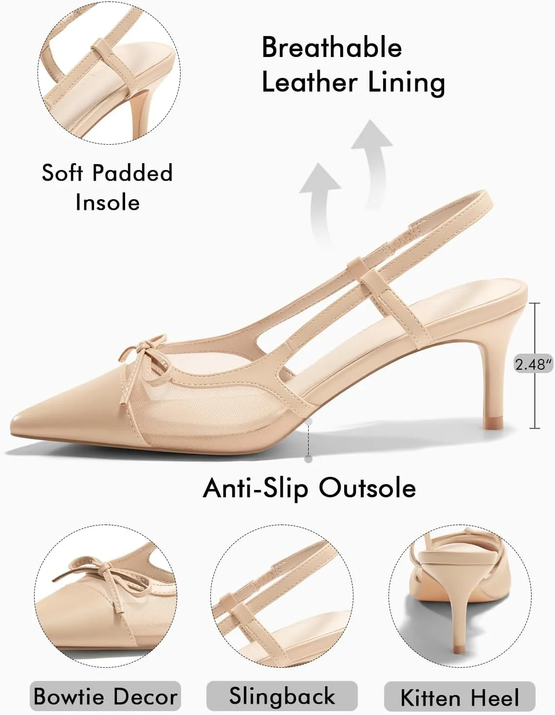 Coutgo Womens Kitten Heels Slingback Mesh Pumps Bow Tie Closed Pointed Toe Two Tone Slip on Work Dress Shoes