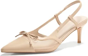 Coutgo Womens Kitten Heels Slingback Mesh Pumps Bow Tie Closed Pointed Toe Two Tone Slip on Work Dress Shoes