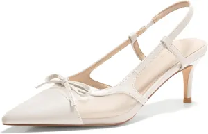 Coutgo Womens Kitten Heels Slingback Mesh Pumps Bow Tie Closed Pointed Toe Two Tone Slip on Work Dress Shoes