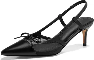 Coutgo Womens Kitten Heels Slingback Mesh Pumps Bow Tie Closed Pointed Toe Two Tone Slip on Work Dress Shoes